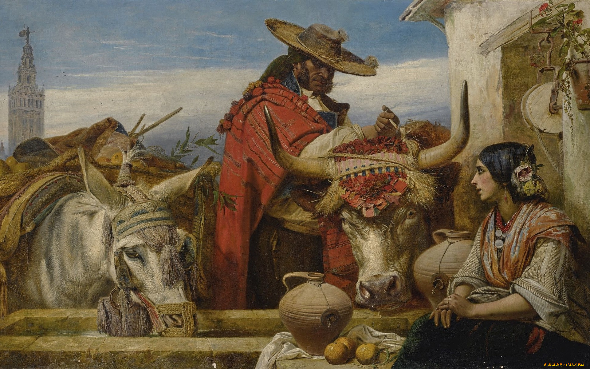 , , seville, 1860, british, painter, , , market, square, , , , , , richard, ansdell